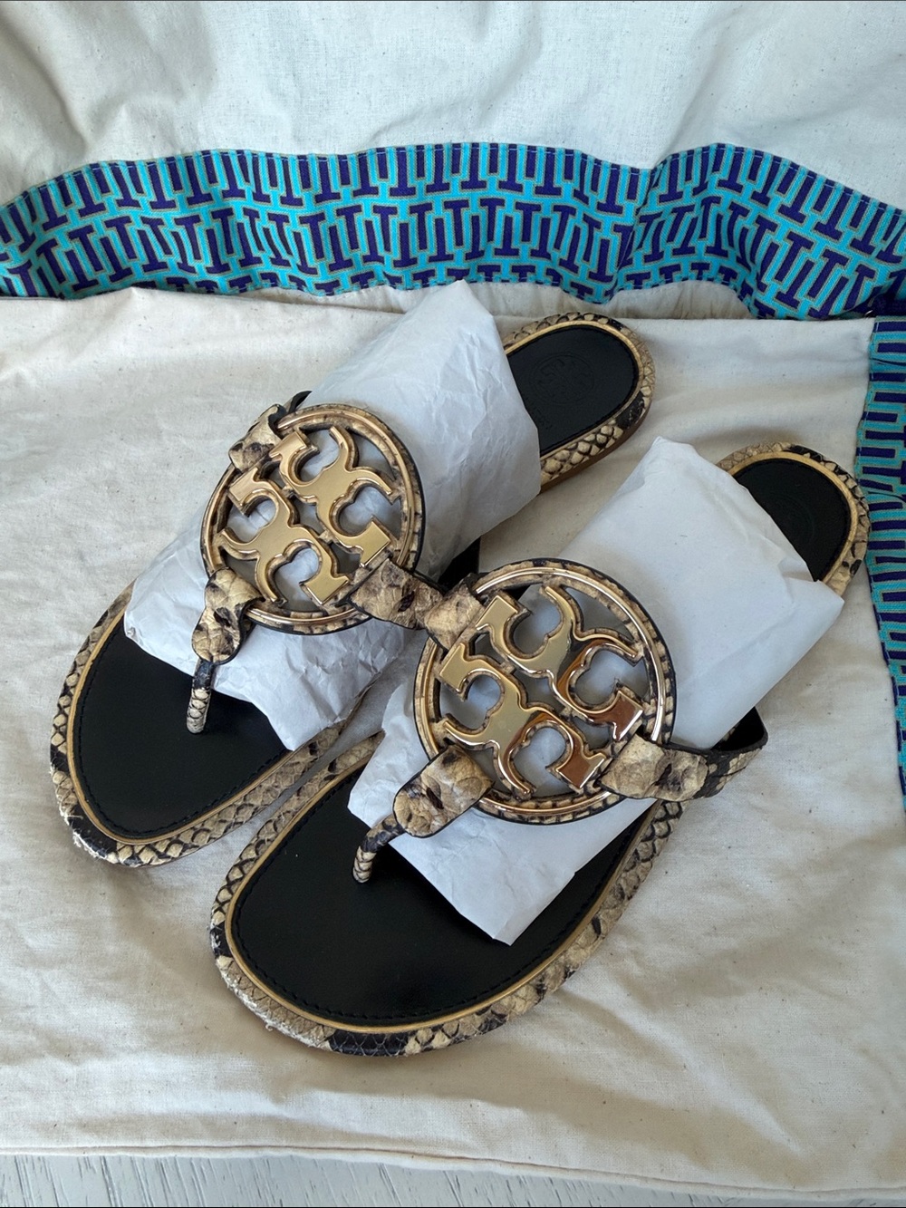 Tory Burch Miller Snake Print Leather Sandals Size 8 Gold Logo